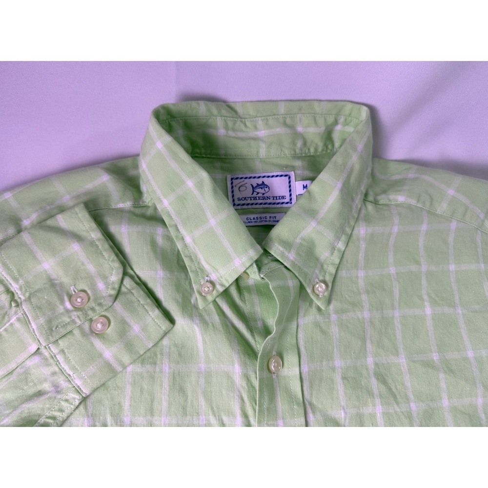 Southern Tide Shirt Mens Medium M Classic Fit Linen Blend Lime Green Windowpane